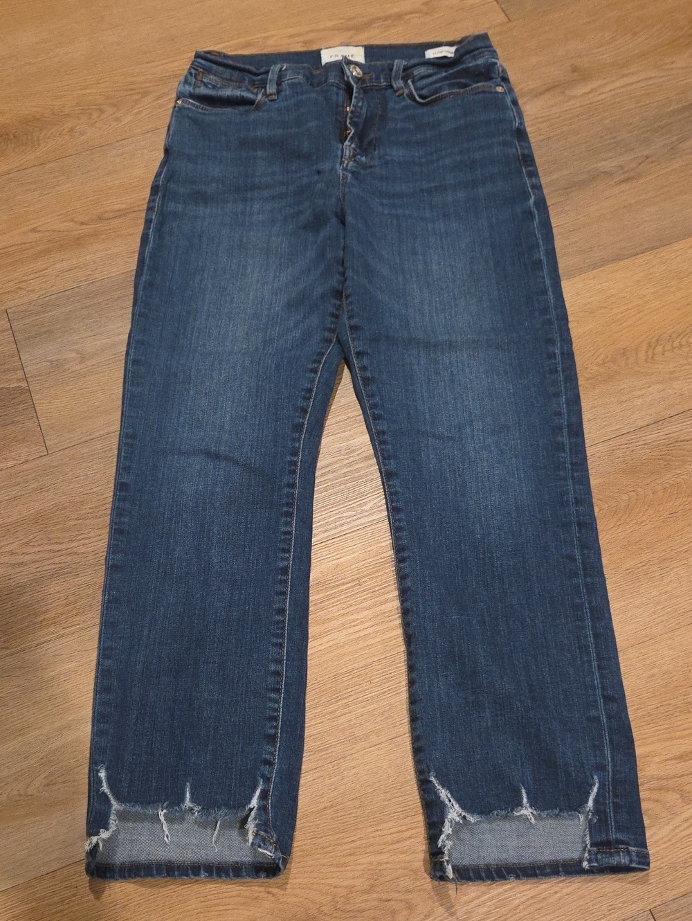 Frame Denim Dark Blue Cropped Straight Jeans with Raw Hem
